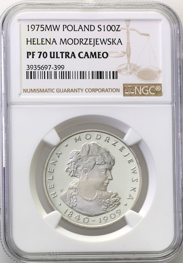 PRL. 100 złotych 1975 Modrzejewska NGC PF70 ULTRA CAMEO (MAX)